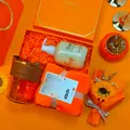 Vibrant orange gift set including glass tumbler, orange towel and goat milk cream - Bamboo Cup + Towel + Hand Cream Set (LP-16) / Orange