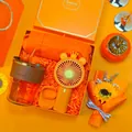 Orange gift set including handheld fan, glass cup, and umbrella for corporate events - Cup + Fan + Umbrella Set (LP-17) / Orange