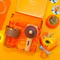 Premium orange gift set with bamboo glass cup, mini bear fan, and portable umbrella - Bamboo Cup + Bear Fan + Umbrella Set (LP-18) / Orange