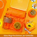 Elegant orange gift set featuring a glass cup, ceramic persimmon jar, and umbrella - Glass Cup + Ceramic Jar + Umbrella Set (LP-19) / Orange