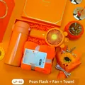 Orange gift set with vacuum insulated cup, handheld portable fan, and soft towel. - Thermos + Fan + Towel Set (LP-40) / Orange