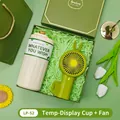 Elegant green gift set with temperature display thermos and portable bunny fan - Smart Temperature Display Thermos + Handheld Fan Set (LP-52) / Green