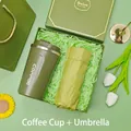 Premium olive green insulated coffee cup and matching folding umbrella gift set - Stainless Steel Coffee Cup + Folding Umbrella Set (LP-41) / Green