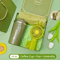 Green holiday gift set featuring a coffee cup, handheld mini fan and folding umbrella - Coffee Cup + Handheld Fan + Folding Umbrella Set (LP-43) / Green