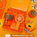 Premium orange gift set with bamboo joint glass cup and portable mini flower fan - Glass Water Bottle + Handheld Fan Set (LP-08) / Orange