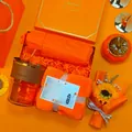 Orange gift set with glass cup, folding umbrella, and plush towel in a premium gift box - Glass Cup + Towel + Folding Umbrella Set (LP-09) / Orange
