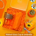 Elegant vibrant orange gift box set featuring a bamboo glass cup and folding umbrella - Glass Cup + Folding Umbrella Set (LP-10) / Orange