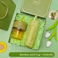 Elegant green gift box set featuring a glass bamboo cup and a portable matching umbrella - Glass Cup + Folding Umbrella Set (LP-14) / Green
