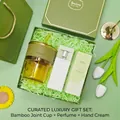 Elegant green gift set featuring an amber glass cup, perfume, and hydrating hand cream - Glass Cup + Perfume + Hand Cream Set (LP-15) / Green
