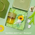 Elegant bamboo-style glass cup with green leather sleeve and sunflower bouquet gift set - Glass Cup + Flower Bouquet Set (LP-16) / Green