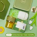 Premium green gift set featuring amber glass cup, green towel and mini white humidifier - Glass Cup + Towel + Humidifier Set (LP-19) / Green