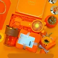 Orange gift set with portable fan, glass cup, and plush towel in a decorative box - Glass Cup + Towel + Fan Set (LP-02) / Orange