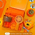 Orange gift set including a glass cup, folding umbrella, and a mini handheld fan - Glass Cup + Umbrella + Fan Set (LP-03) / Orange