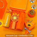 Vibrant orange gift set featuring a vacuum flask, mini fan, and portable umbrella. - Stainless Steel Vacuum Flask + Umbrella + Fan Set (LP-04) / Orange