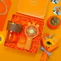 Elegant orange gift set including a glass cup with straw and a mini handheld lion fan - Glass Cup + Handheld Fan Set (LP-05) / Orange