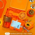 Premium orange holiday gift set featuring a bamboo cup, handheld fan, and plush bath towel. - Glass Cup + Fan + Towel Set (LP-06) / Orange