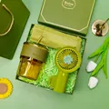 Premium green holiday gift set with bamboo cup, handheld fan, and umbrella. - Glass Cup + Fan + Umbrella Set (LP-11) / Green