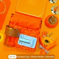 Elegant orange gift box set with glass bamboo cup, folding phone stand, and umbrella - Glass Cup + Phone Stand + Umbrella Set (LP-21) / Orange