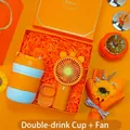 Deluxe orange gift set featuring a portable dual-drink cup and handheld fan in box - Dual-drink Cup + Fan Set (LP-23) / Orange