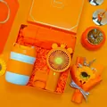 Orange souvenir gift set featuring a dual-use cup, mini umbrella, and handheld fan - Dual-Drink Cup + Umbrella + Fan Set (LP-27) / Orange