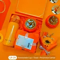 Orange gift set including insulated thermos, towel, and persimmon ceramic jar in a box - Vacuum Flask + Towel + Persimmon Ceramic Jar Set (LP-29) / Orange