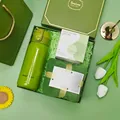 Elegant green gift set featuring a vacuum flask, soft towel, and premium green tea box - Vacuum Flask + Towel + Green Tea Set (LP-50) / Green