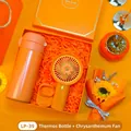 Orange gift set featuring a vacuum flask and a floral handheld fan in a gift box - Vacuum Flask + Chrysanthemum Fan Set (LP-39) / Orange