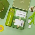 Elegant green gift set including stainless steel vacuum flask, towel, and phone stand - Vacuum Flask + Towel + Phone Stand Set (LP-45) / Green