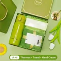 Premium green gift set featuring a vacuum flask, soft towel and moisturizing hand cream - Vacuum Flask + Towel + Hand Cream Set (LP-48) / Green