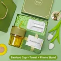 Green corporate gift box including bamboo-joint glass cup, soft towel and phone stand - Bamboo Glass Cup + Towel + Phone Stand Set (LP-20) / Green