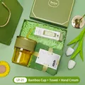 Elegant green souvenir gift set including bamboo glass cup, soft towel, and hand cream - Bamboo Glass Cup + Towel + Hand Cream Set (LP-21) / Green