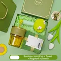 Green wellness gift set with bamboo glass cup, towel and mugwort massage hammer - Bamboo Glass Cup + Towel + Mugwort Massage Hammer Set (LP-22) / Green