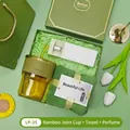 Elegant green gift set including bamboo glass cup, towel and perfume - Bamboo Glass Cup + Towel + Perfume Set (LP-25) / Green