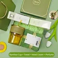 Green themed gift box set with bamboo glass cup, towel, hand cream, and perfume. - Glass Cup + Towel + Hand Cream + Perfume Set (LP-26) / Green