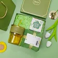 Green gift set with bamboo glass cup cotton towel and handmade soap in box - Bamboo Glass Cup + Towel + Soap Set (LP-27) / Green