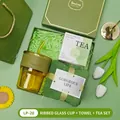 Green themed gift set featuring bamboo glass cup soft towel and honey green tea boxes - Bamboo Glass Cup + Towel + Green Tea Set (LP-28) / Green