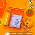 Gift set featuring an orange insulated cup and steam eye masks in a decorative box. - Vacuum Flask + Steam Eye Mask Set (LP-46) / Orange