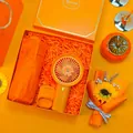 Vibrant orange souvenir gift set featuring a floral handheld fan and folding umbrella - Umbrella + Daisy Fan Set (LP-38) / Orange