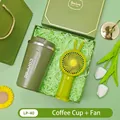 Premium green holiday gift set including a coffee cup and a portable rabbit handheld fan - Coffee Cup + Fan Set (LP-40) / Green