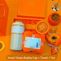 Orange souvenir gift set with smart thermos cup, soft towel and handheld fan - Smart Temp Cup + Towel + Fan Set (LP-55) / Orange