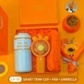 Luxury orange gift set with smart temperature display thermos, mini fan, and folding umbrella. - Smart Temp Cup + Fan + Umbrella Set (LP-58) / Orange