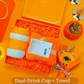 Orange themed gift set with double-drink travel mug and plush towel in a gift box - Dual-Purpose Cup + Towel Set (LP-22) / Orange
