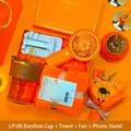 Vibrant orange gift box set featuring a glass cup, portable fan, soft towel, and phone stand - Bamboo Cup + Fan + Towel + Stand Set (LP-66) / Orange