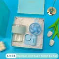 Light blue gift set with glass cup and portable rabbit ear fan - Bamboo Cup + Rabbit Ear Fan Set (LH-03) / Blue