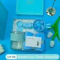 Blue gift set featuring a rabbit ear portable fan, glass cup with sleeve, and towel - Fan + Bamboo Cup + Towel Set (LH-04) / Blue