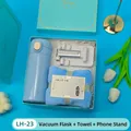Blue gift set including vacuum flask, soft towel, and foldable phone stand in a box - Thermos + Towel + Phone Holder Set (LH-23) / Blue