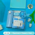 Elegant blue gift set featuring a portable thermos, mini fan, and soft towel in a box - Thermos + Fan + Towel Set (LH-26) / Blue