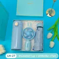 Premium blue gift set including a thermos bottle, mini handheld fan, and umbrella. - Thermos + Umbrella + Fan Set (LH-27) / Blue