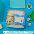 Gift set with pearl handle glass cup and blue towel in blue box - Artificial Pearl Glass Cup + Towel Set (LH-10) / Blue