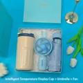 Premium portable gift set including smart temperature display tumbler, umbrella, and fan - Smart Thermos + Umbrella + Fan Set (LH-19) / Blue